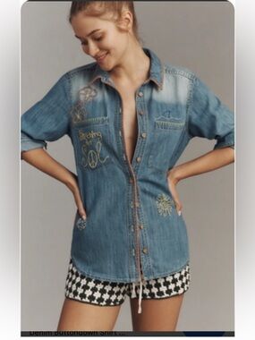 NWT retail$138 size XS #PILCRO Denim Button-Down Shirt with Embroidered Details
